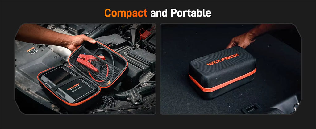 Compact diagnostic tool case with 'Wolfebox' branding, shown being used on a car engine.
