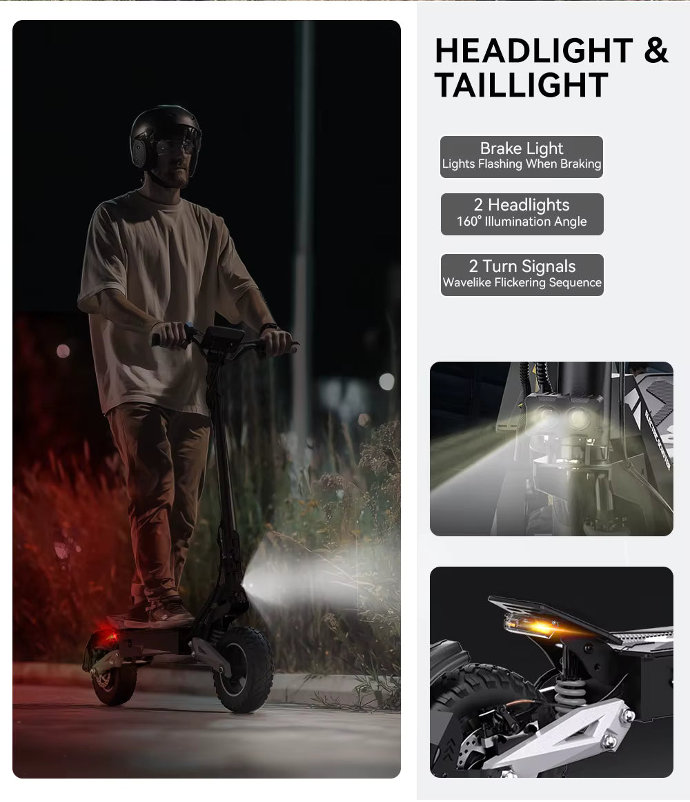 Person riding an e-scooter with highlighted headlight and taillight features on a dark background.