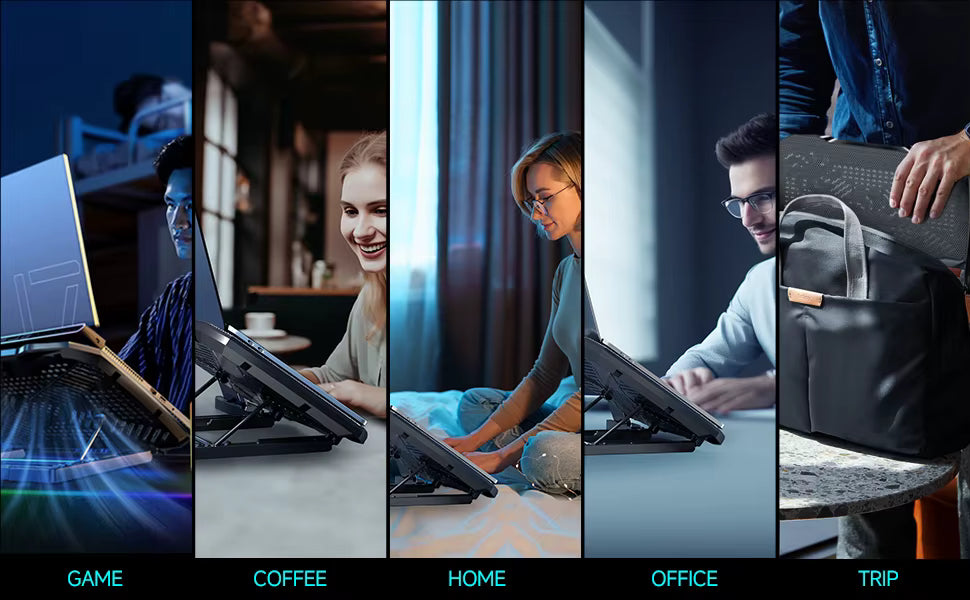 COOLCOLD F2PLUS Pro ultra-quiet five-fan cooling pad lifestyle application shot