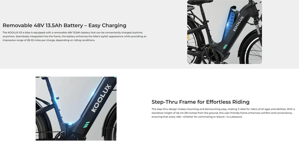 Electric bike with text highlighting removable battery and step-thru frame on a white background