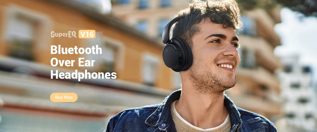 Man wearing OneOdio A10 Hybrid ANC Over-Ear Bluetooth over-ear headphones with product name overlay