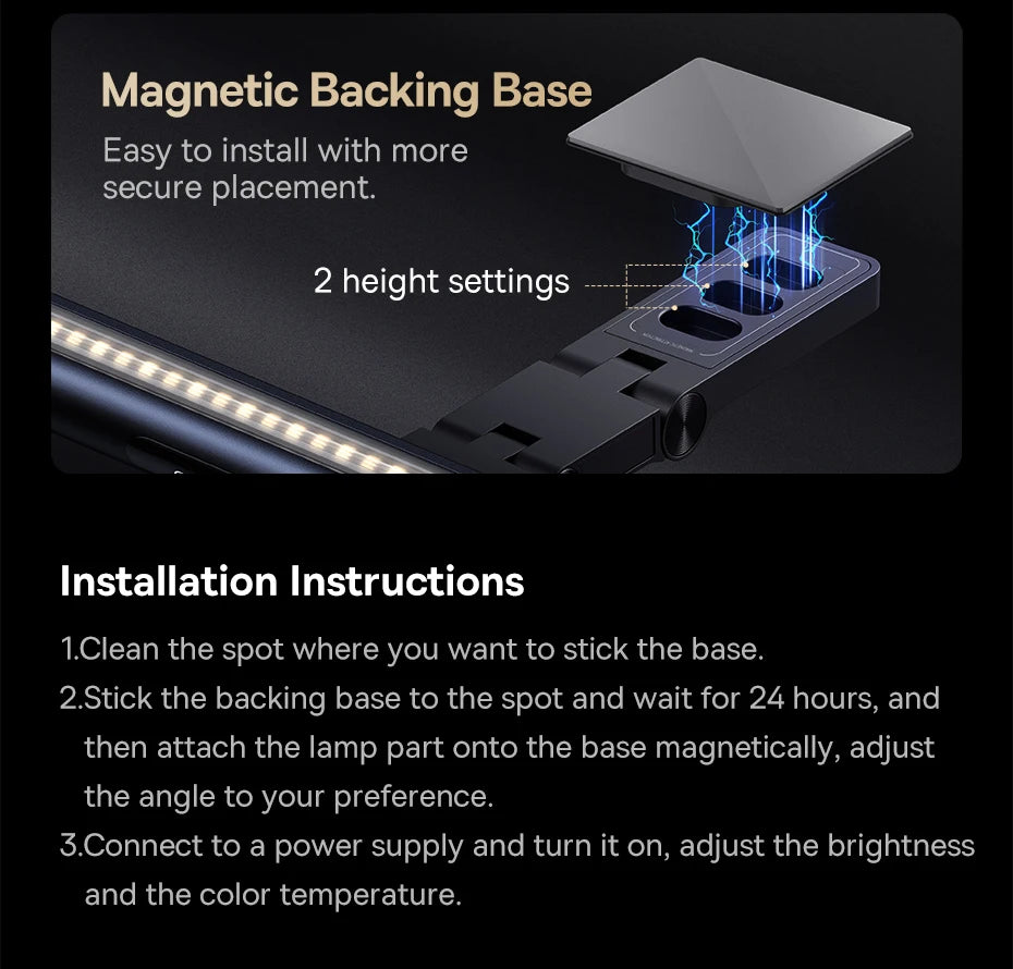 Magnetic backing base for a lamp with installation instructions on a black background