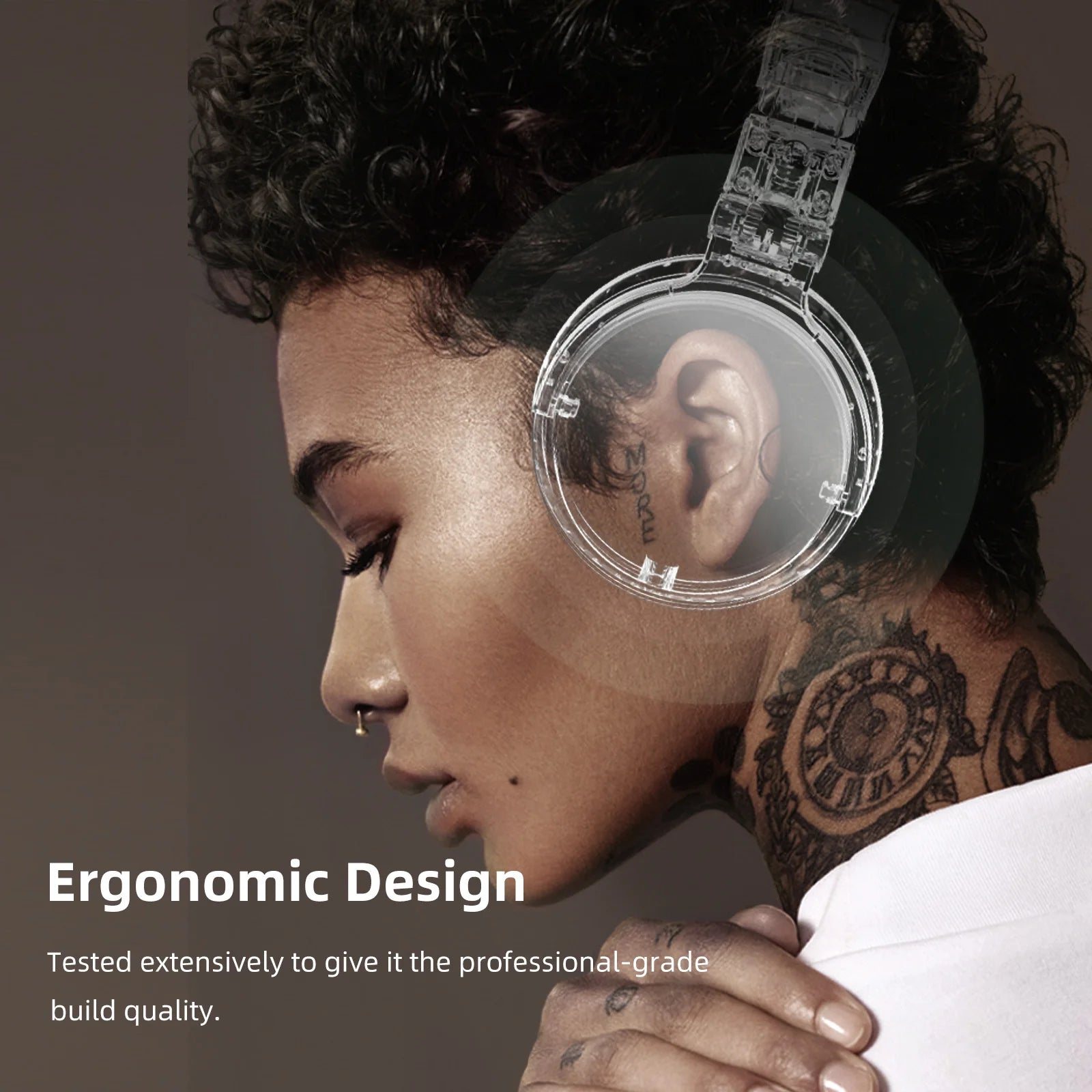 Person wearing clear headphones with text about ergonomic design and professional-grade build quality.