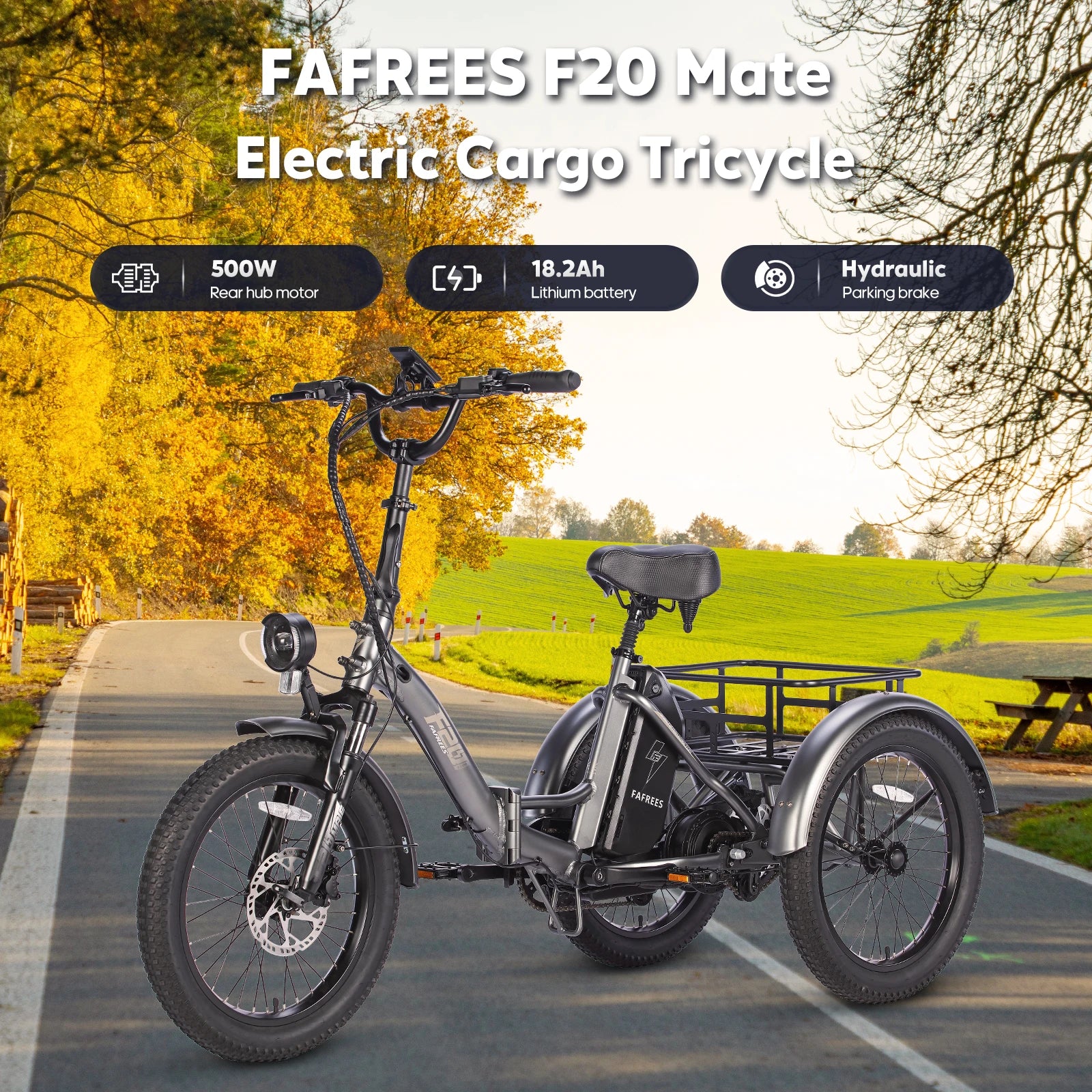 FAFREES F20 Mate Electric Cargo Tricycle on a road with autumn trees in the background
