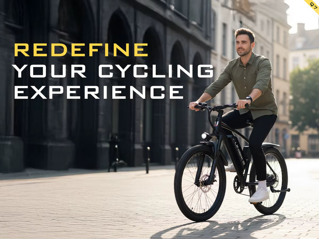 Man riding an electric Aairsk Q7 bike with text 'Redefine Your Cycling Experience' on a city street.