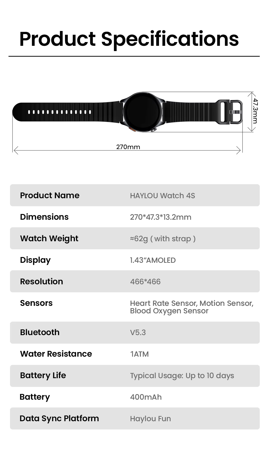 Product specifications of HAYLOU Watch 4S including dimensions, weight, display details, and features.