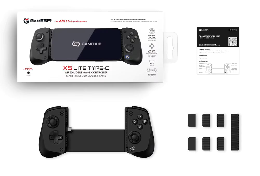 Black handheld Gamesir X5 Lite Type-C gaming controller with packaging and accessories on a white background