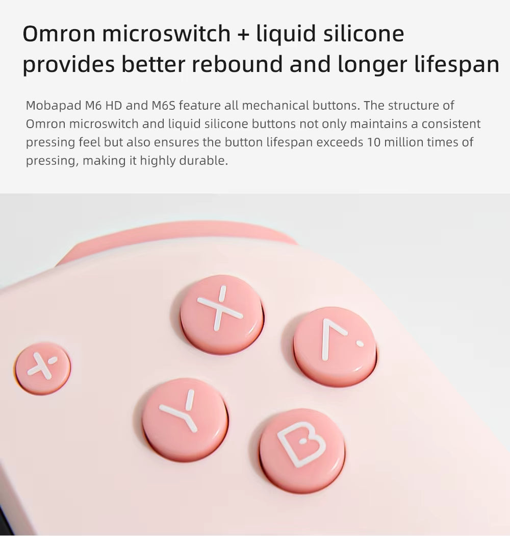 Close-up view of the Pink M6 HD controller face buttons, emphasizing the Omron microswitch and liquid silicone internal structure.