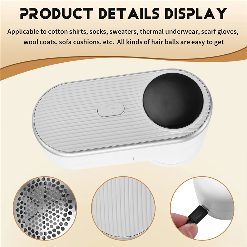 Rechargeable fabric shaver with ribbed surface and circular black top shown with close‑up views of stainless steel honeycomb mesh texture and charging port demonstrating lint removal design for cotton shirts sweaters coats and sofa cushions.