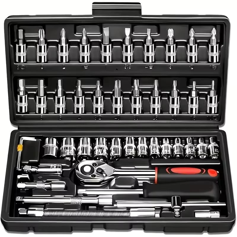 46-piece 1/4 inch precision ratchet and socket set organized in black hard case
