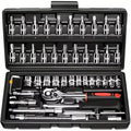 46-piece 1/4 inch precision ratchet and socket set organized in black hard case