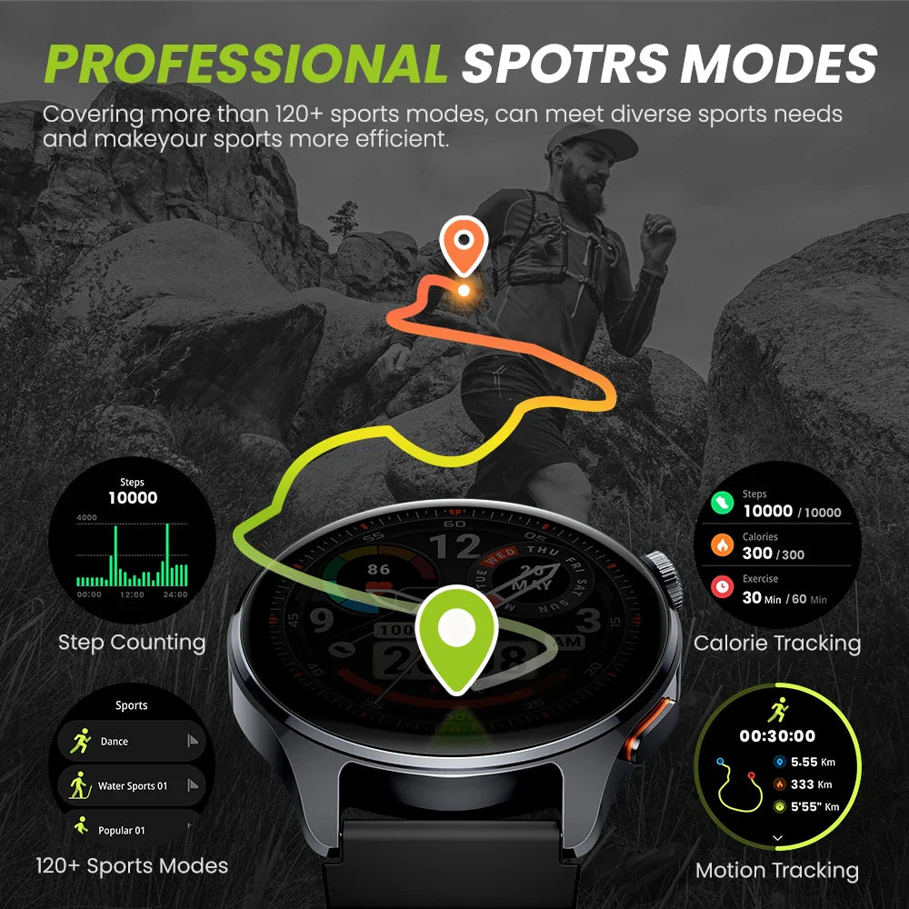 Smartwatch with sports mode features displayed on a rocky background
