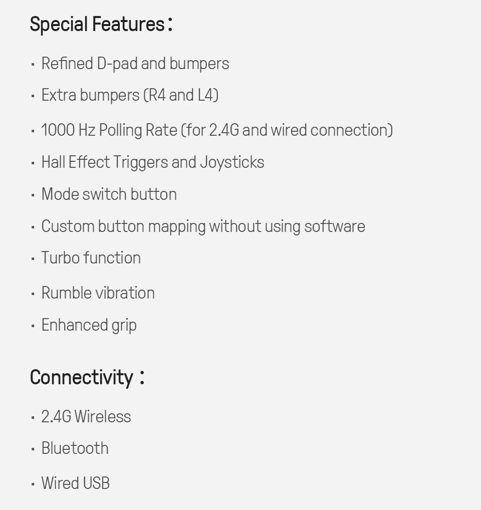A text-based feature list on a light gray background, detailing special features such as a refined D-pad and bumpers, 1000 Hz polling rate, and connectivity options including 2.4G Wireless, Bluetooth, and Wired USB.