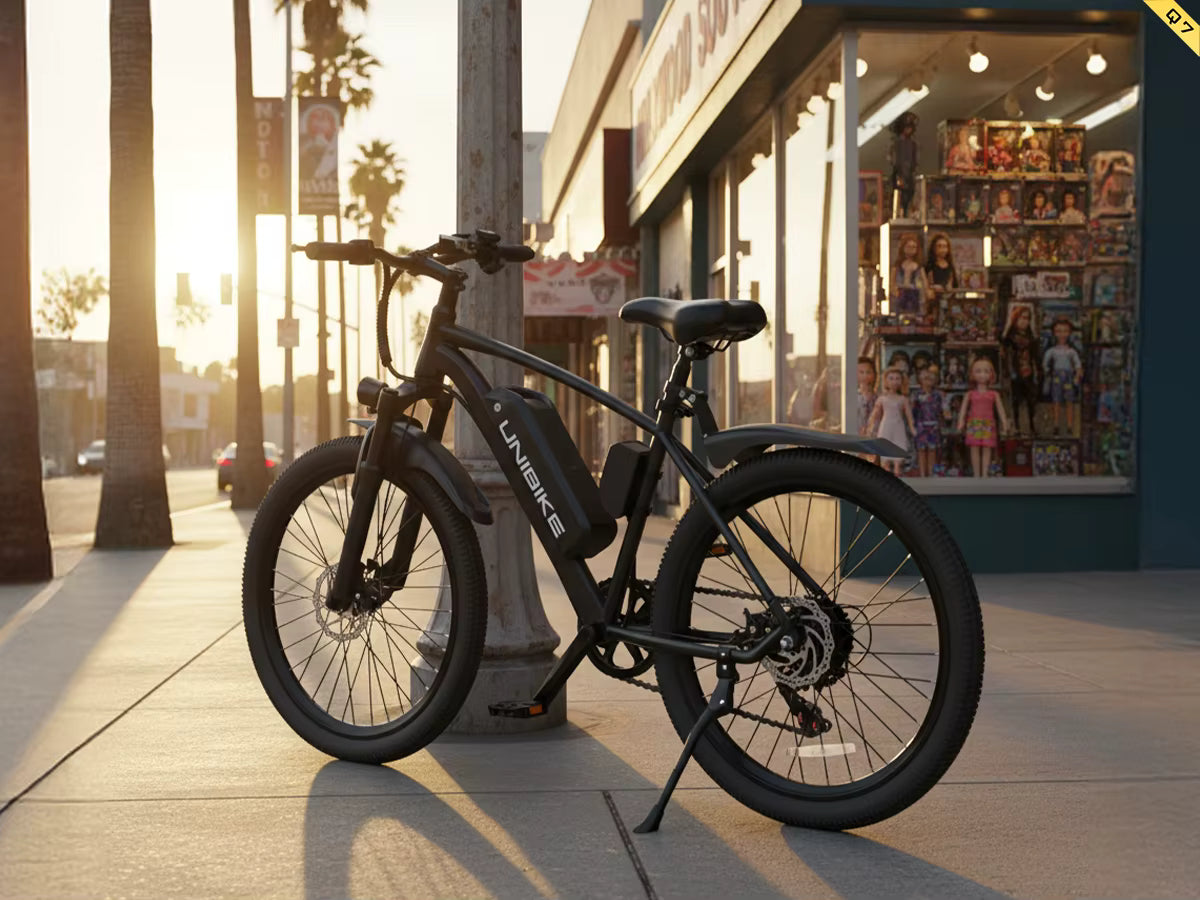 Black electric Aairsk Q7 bike parked on a sidewalk with a store in the background