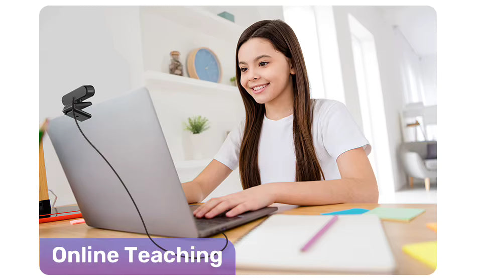 EMEET 4K USB webcam online teaching and learning application featuring student at laptop desk setup
