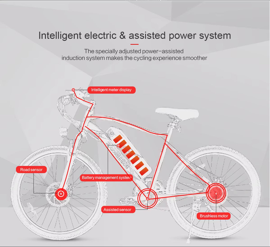 SAMEBIKE EBE2 E-Bike Diagram of an electric bicycle with labeled components on a gray background