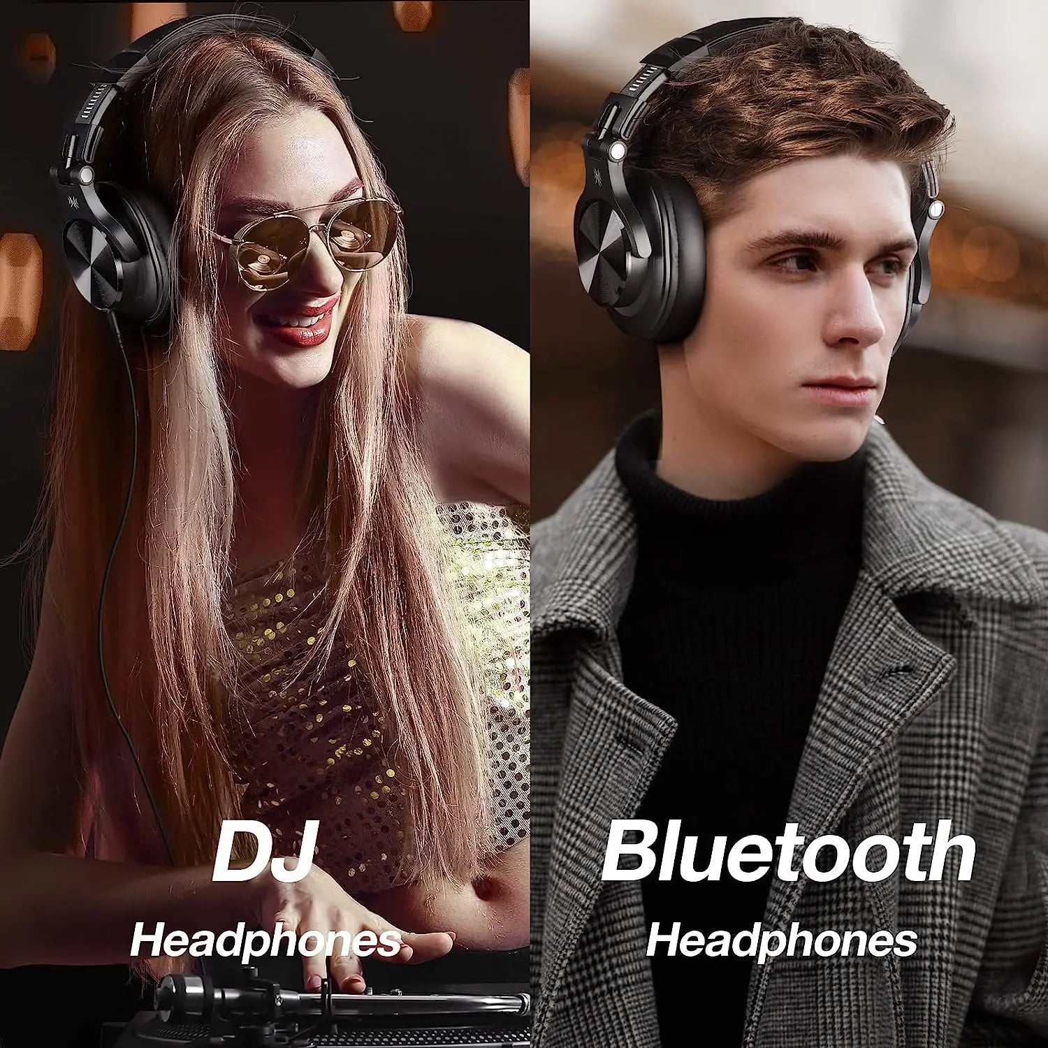 Two people wearing OneOdio A70 headphones with labels 'DJ Headphones' and 'Bluetooth Headphones'.