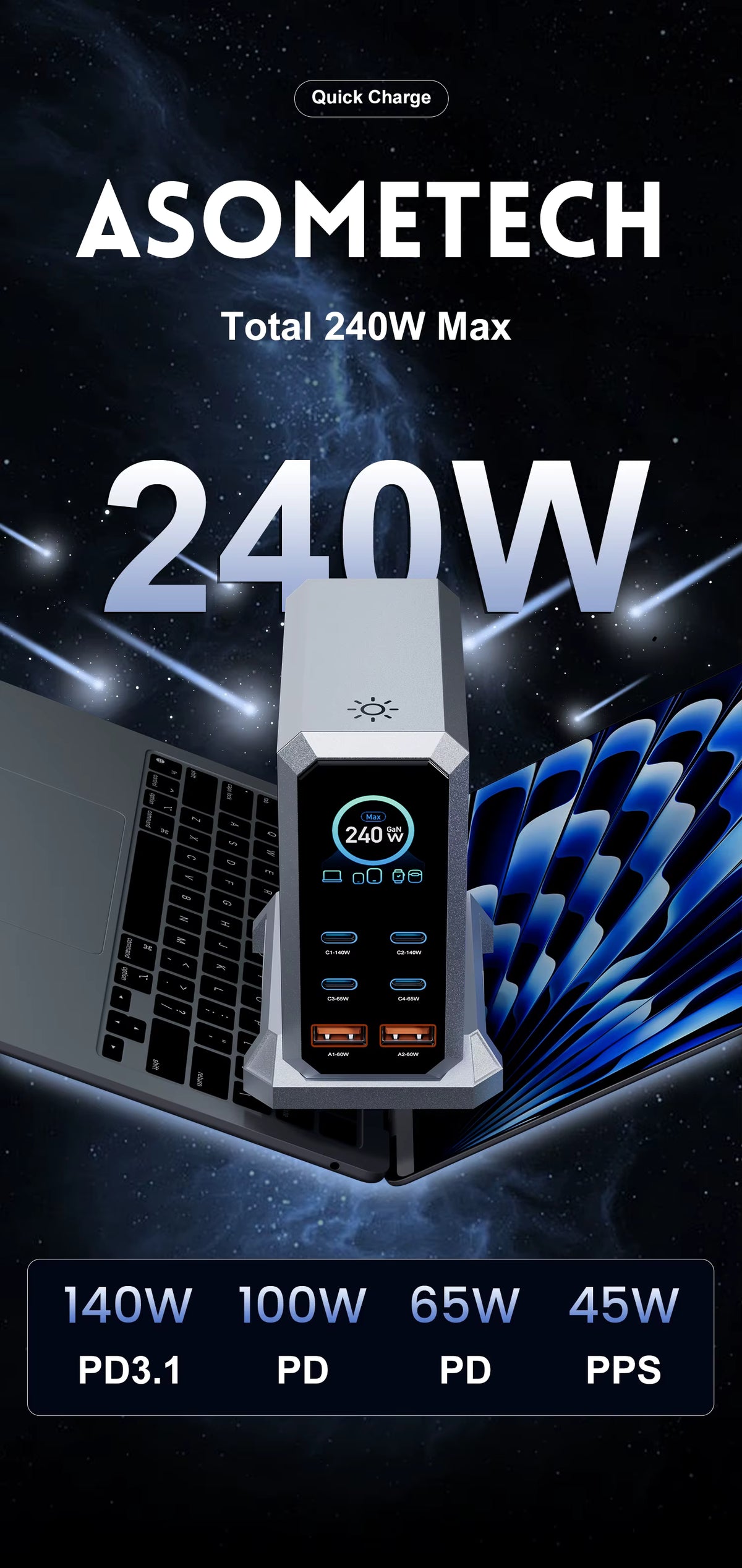 ASOMETECH 240W desktop fast charger overview and branding display
