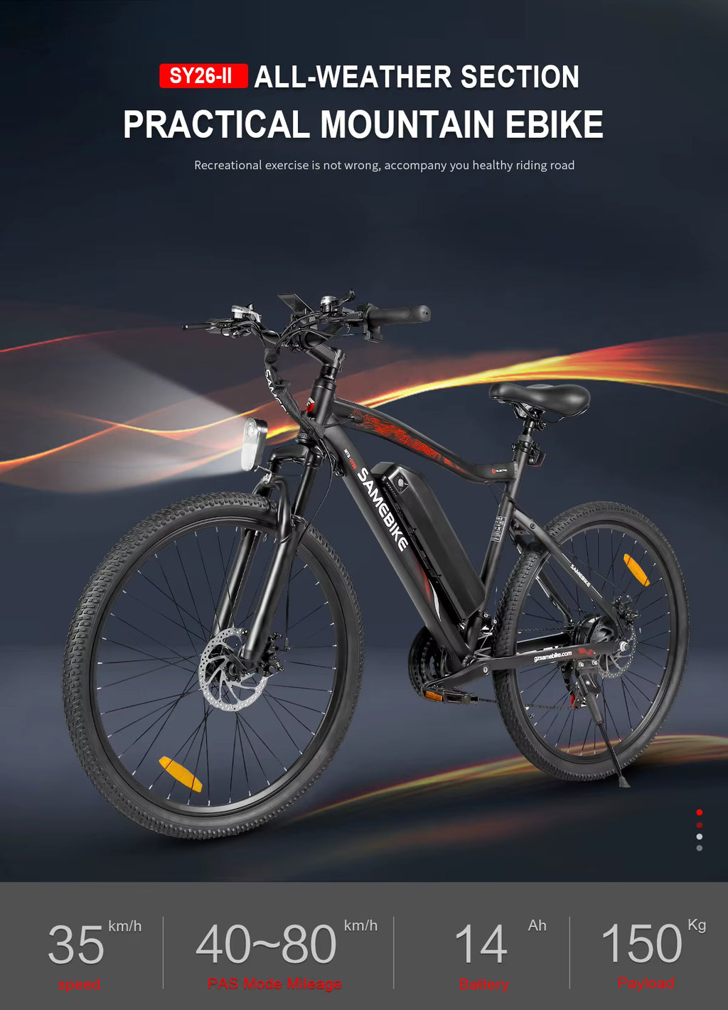 Electric bike with specifications on a dark background