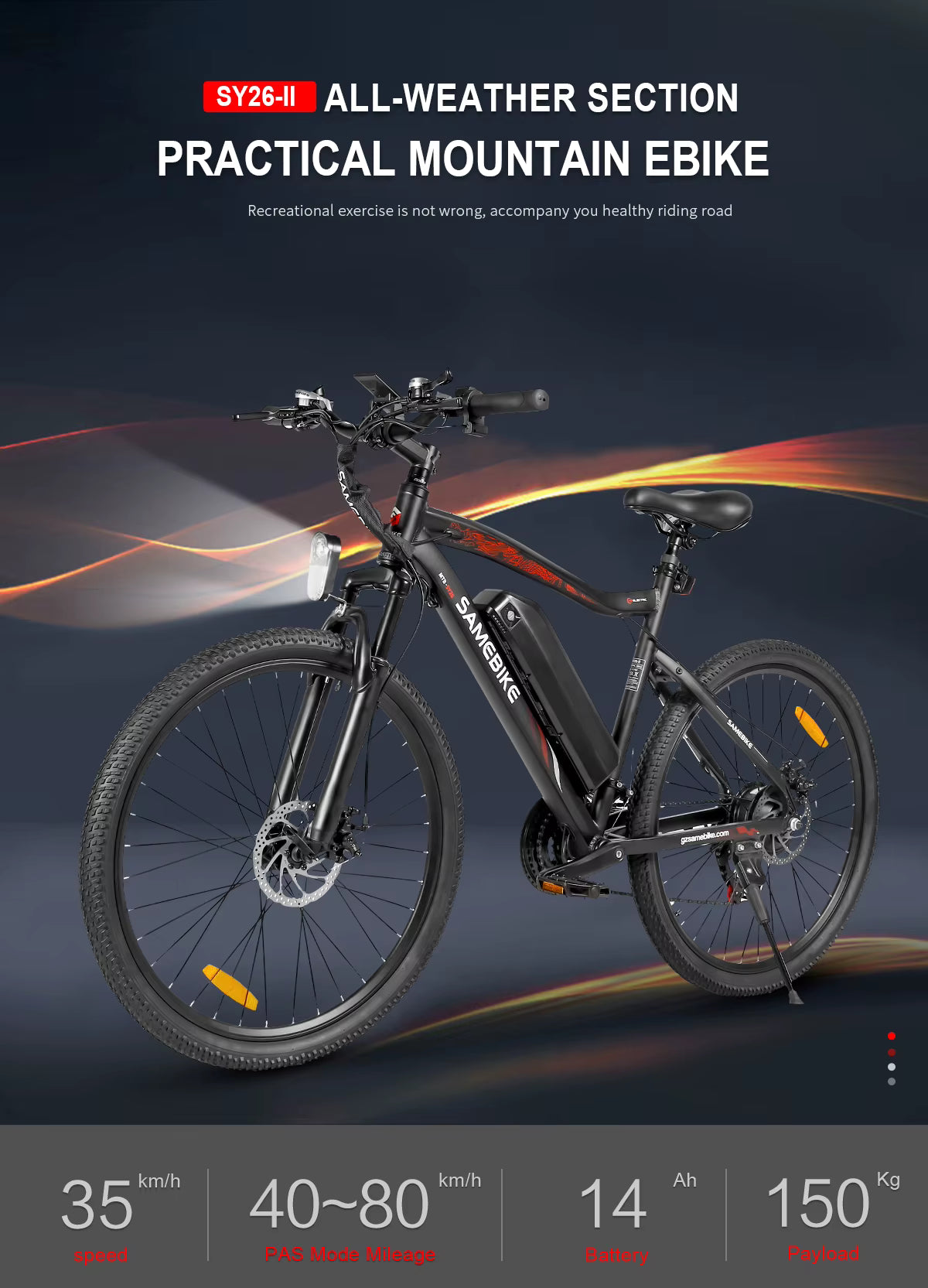 Electric bike with specifications on a dark background