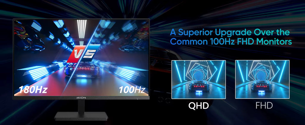 A promotional graphic for a 180Hz QHD monitor, showing a large screen on the left and two smaller comparison screens on the right labeled QHD and FHD. Text on the right reads 'A Superior Upgrade Over the Common 100Hz FHD Monitors' against a dark abstract background.