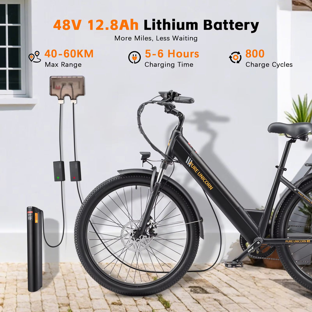 PURE UNICORN U2 Electric bike with 48V lithium battery and charging station against a white wall.