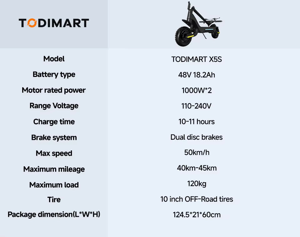 Product specifications of TODIMART X5S electric scooter on a light gray background