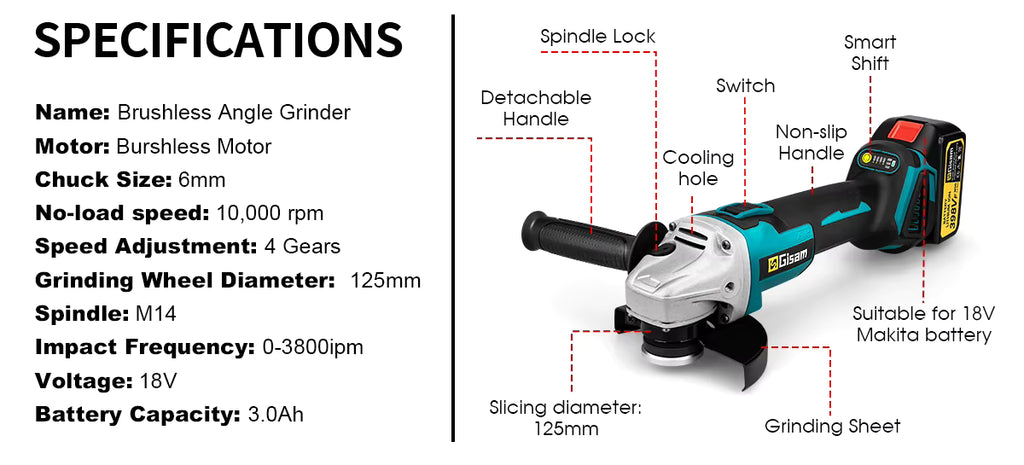 Gisam 18V Brushless Electric Angle Grinder technical specifications diagram and dimensions   