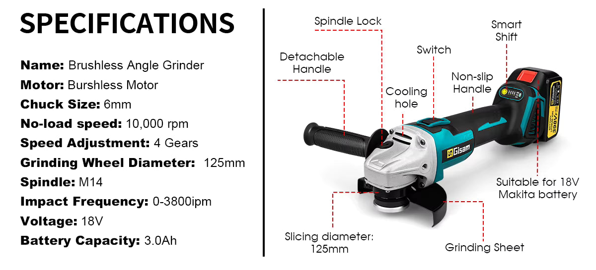 Gisam 18V Brushless Electric Angle Grinder technical specifications diagram and dimensions   