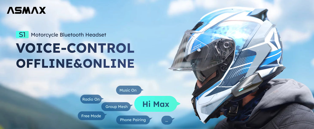 ASMAX S1 motorcycle Bluetooth headset promotional graphic showing a rider in side profile wearing a white, blue, and black full-face helmet with a clear visor. Text highlights voice-control offline/online functionality and app features like music on, radio on, group mesh, free mode, and phone pairing.