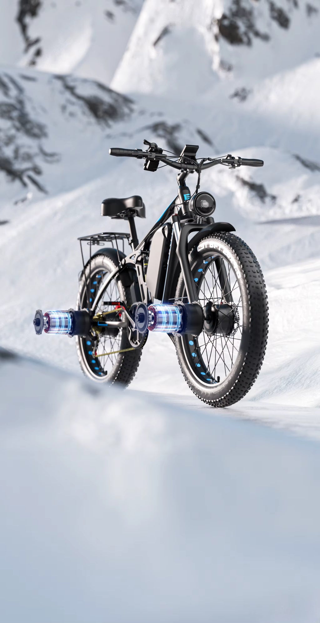 E‑BYCCO EB7Pro Electric bike in the snow with a mountainous background