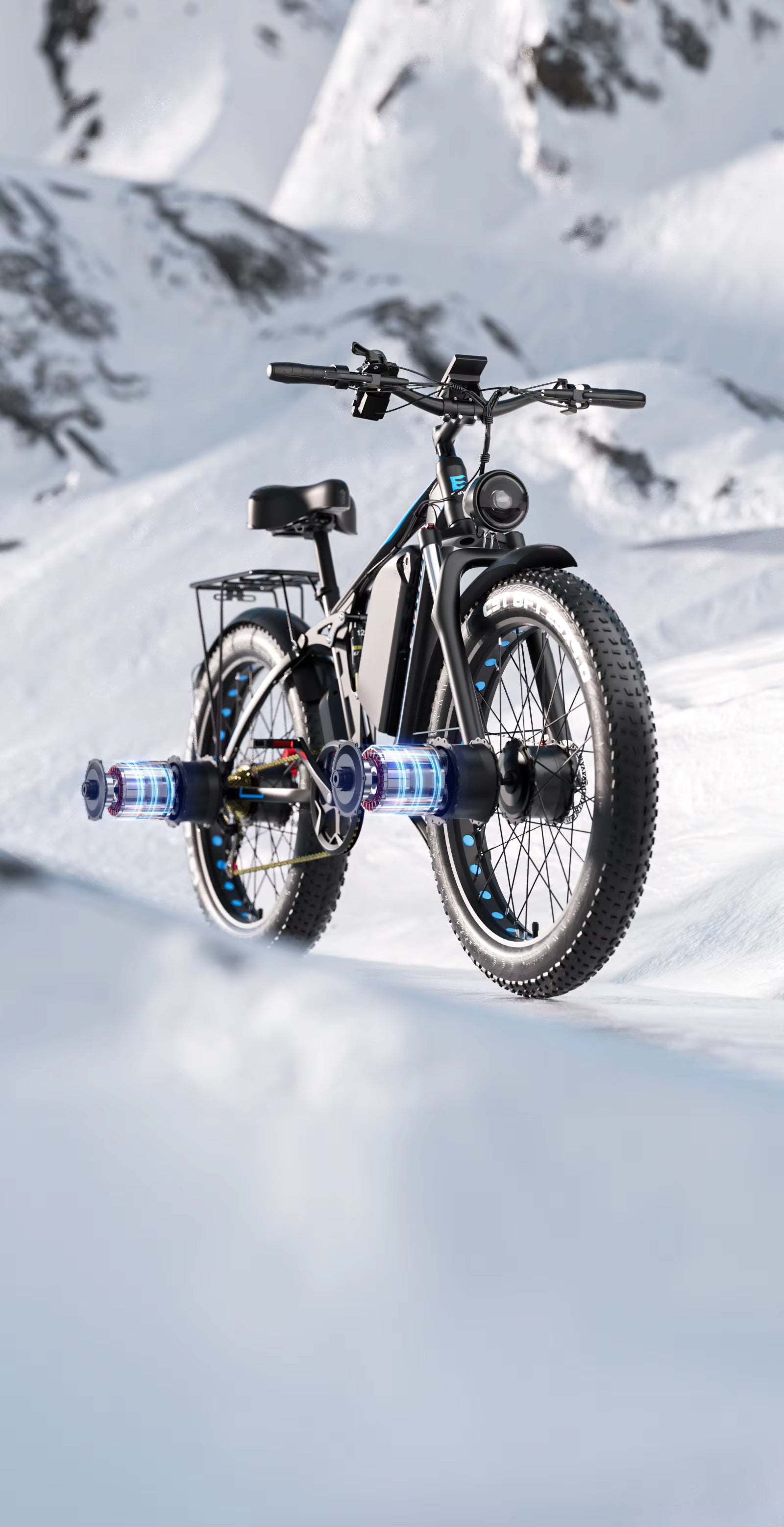 E‑BYCCO EB7Pro Electric bike in the snow with a mountainous background