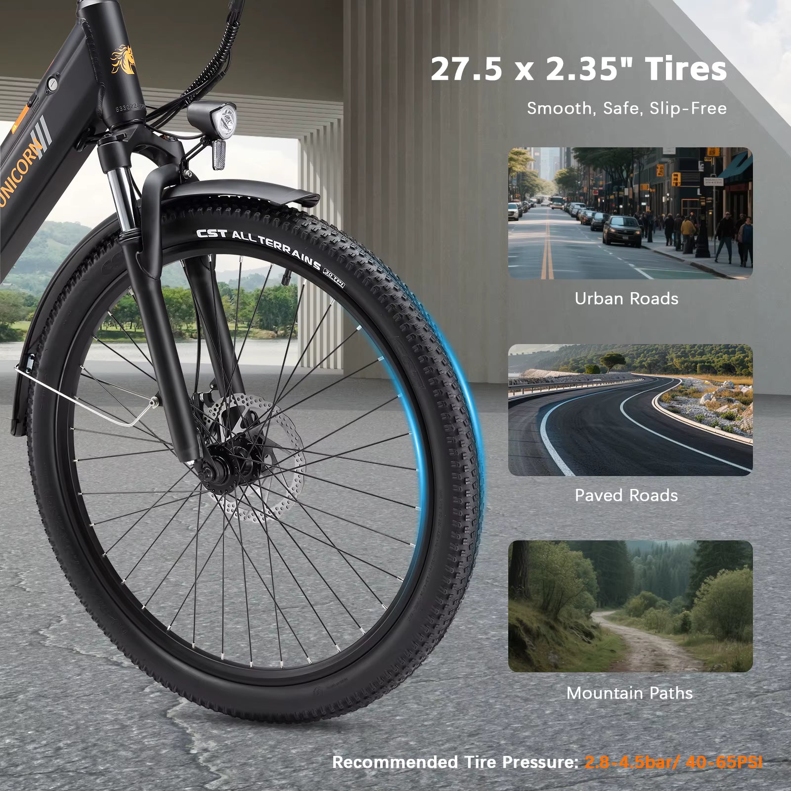 PURE UNICORN U2 Electric bike with 27.5 x 2.35" tires on a road with insets showing urban, paved, and mountain paths.