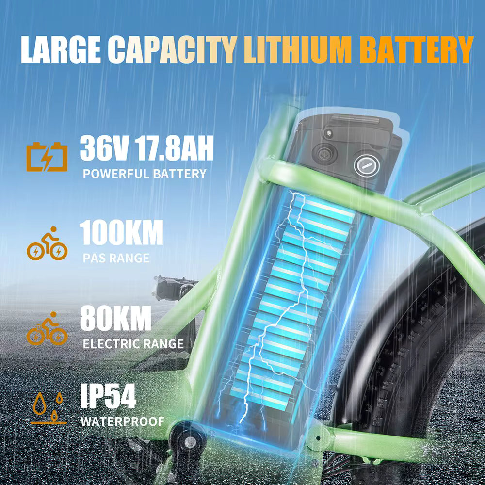 Electric Bicycle with a large capacity lithium battery display, featuring specifications on a blue background.