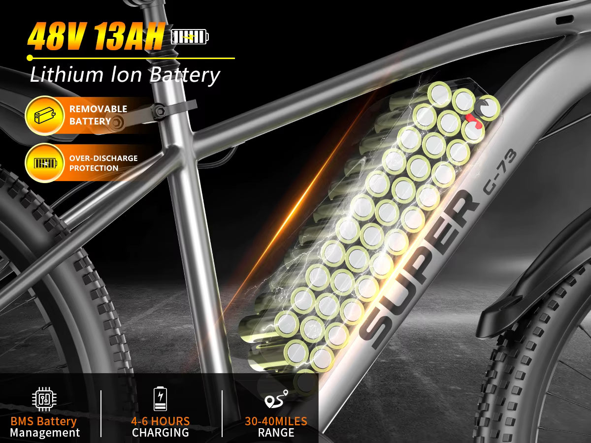 Bicycle with a visible battery pack labeled 'Super G-73' on a dark background.