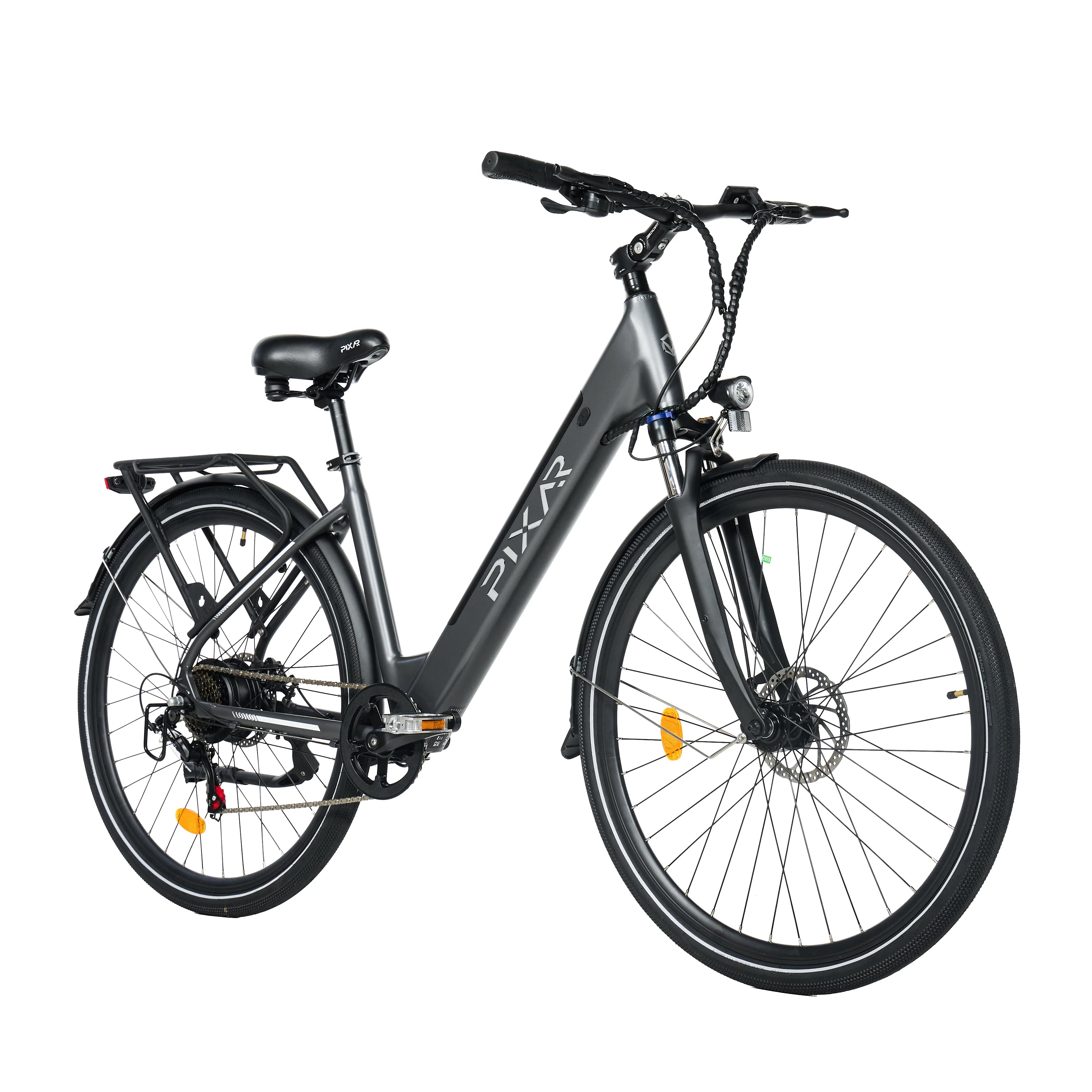 Grey PIXAR C1 Electric City E-Bike Black electric bicycle on a white background electric bicycle with 'PIXAR' branding on a white background