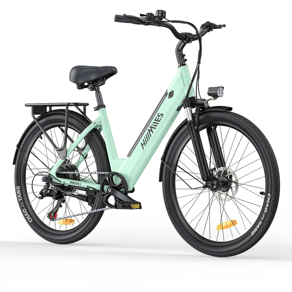 Mint green electric bike with 'HillMiles' branding on a white background
