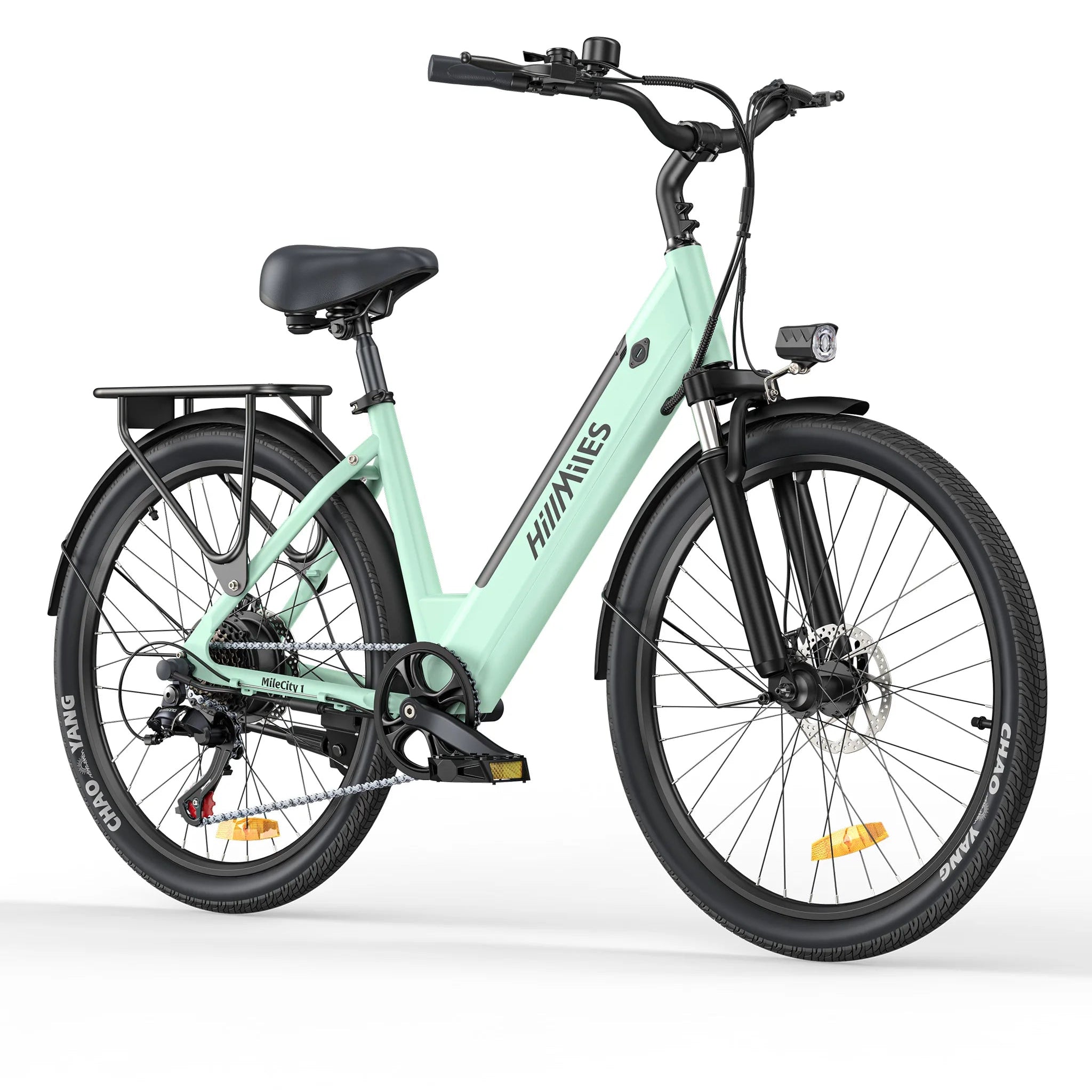 Mint green electric bike with 'HillMiles' branding on a white background