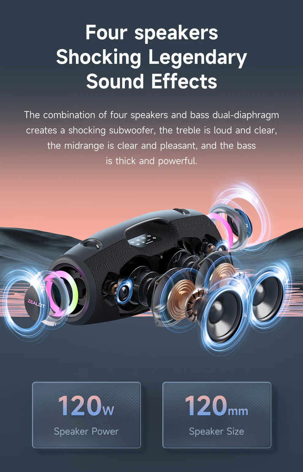 Speaker system with text highlighting four speakers and legendary sound effects on a dark background.