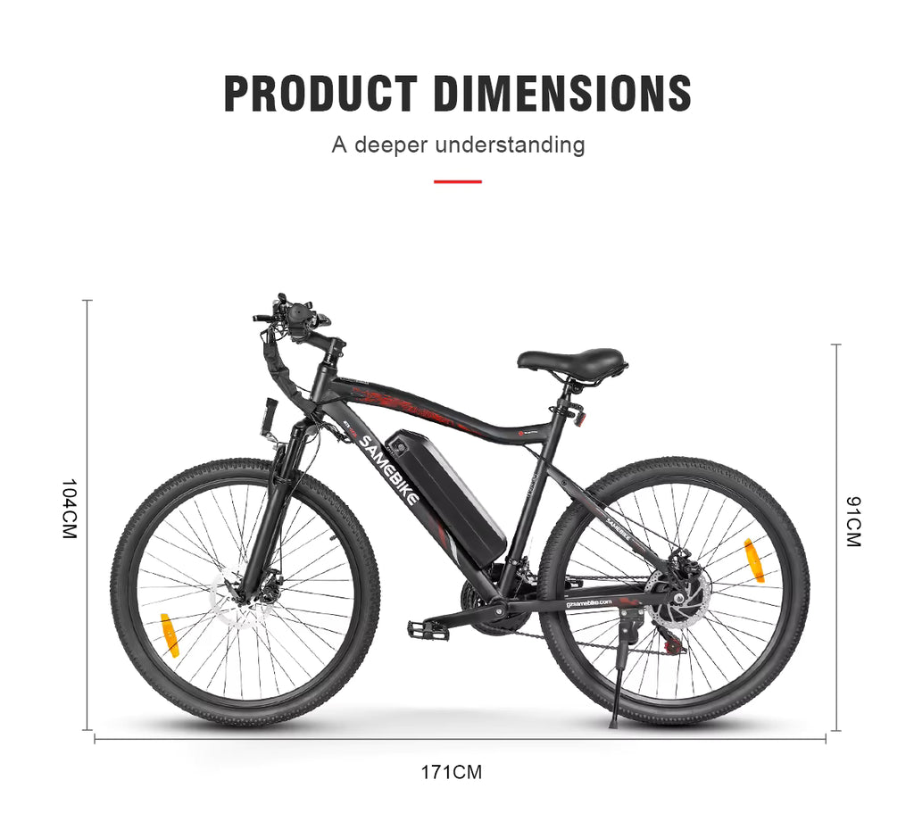 Electric bicycle with dimensions labeled on a white background