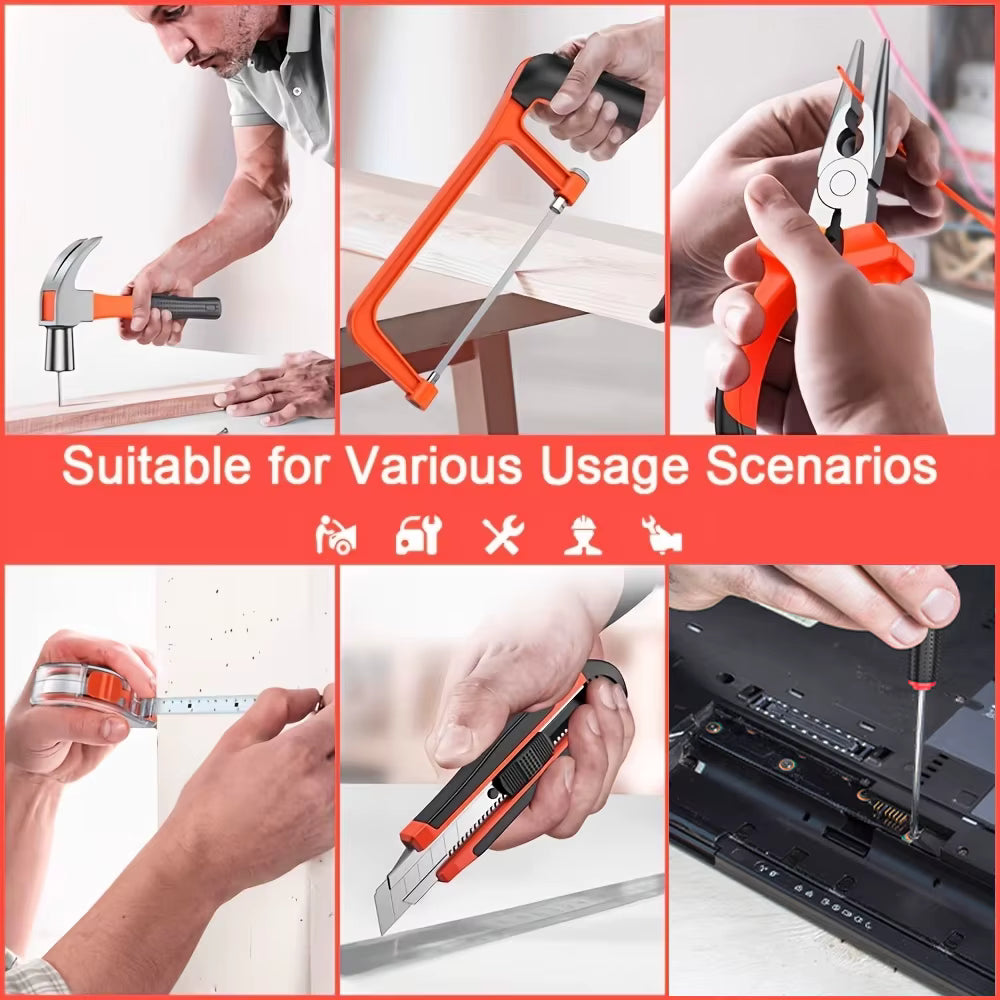 Handsaw, utility knife, pliers, and screwdrivers for everyday DIY repairs
