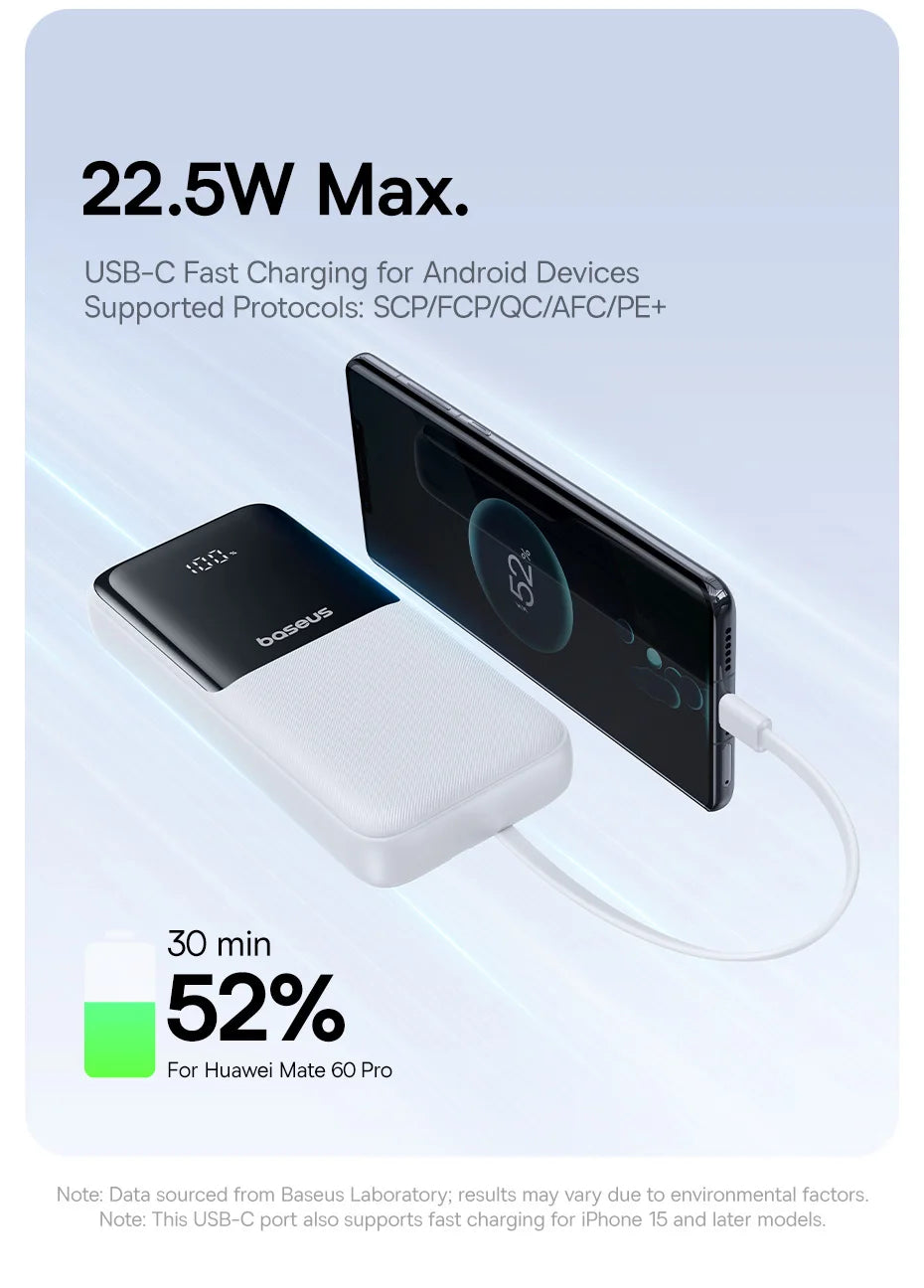 Power bank charging a smartphone with charging details on a light blue background