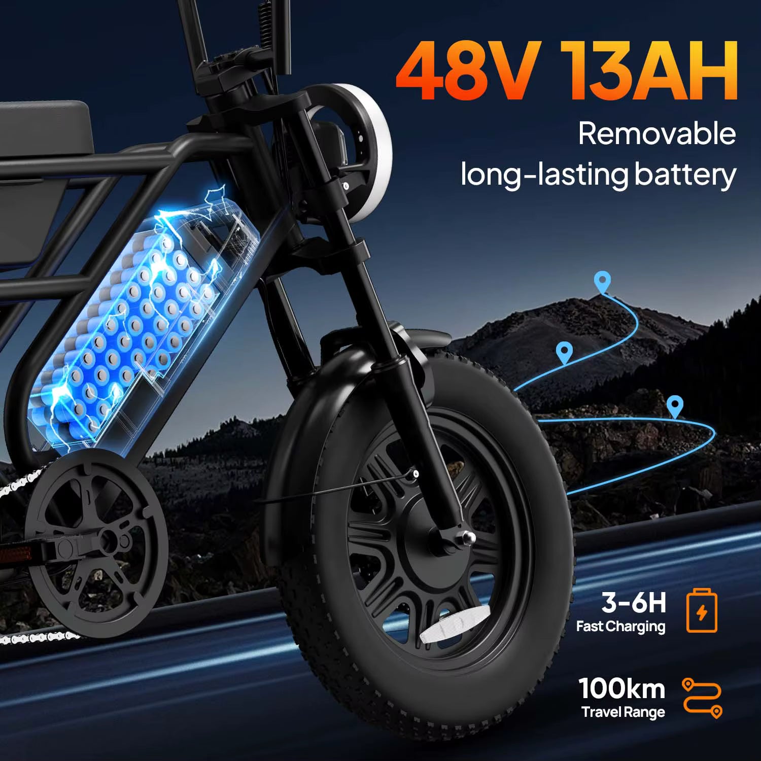 Electric bike with a removable battery pack, showing charging time and range on a dark background.
