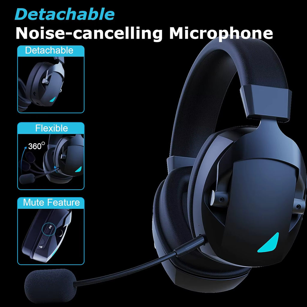 Promotional graphic highlighting the detachable noise-cancelling microphone, flexible boom, and mute control features
