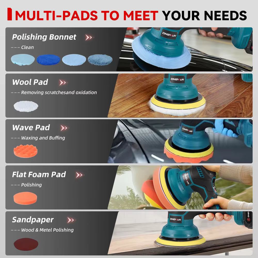 ONEVAN polisher multi-pads including wool, foam, and flat pads for detailing