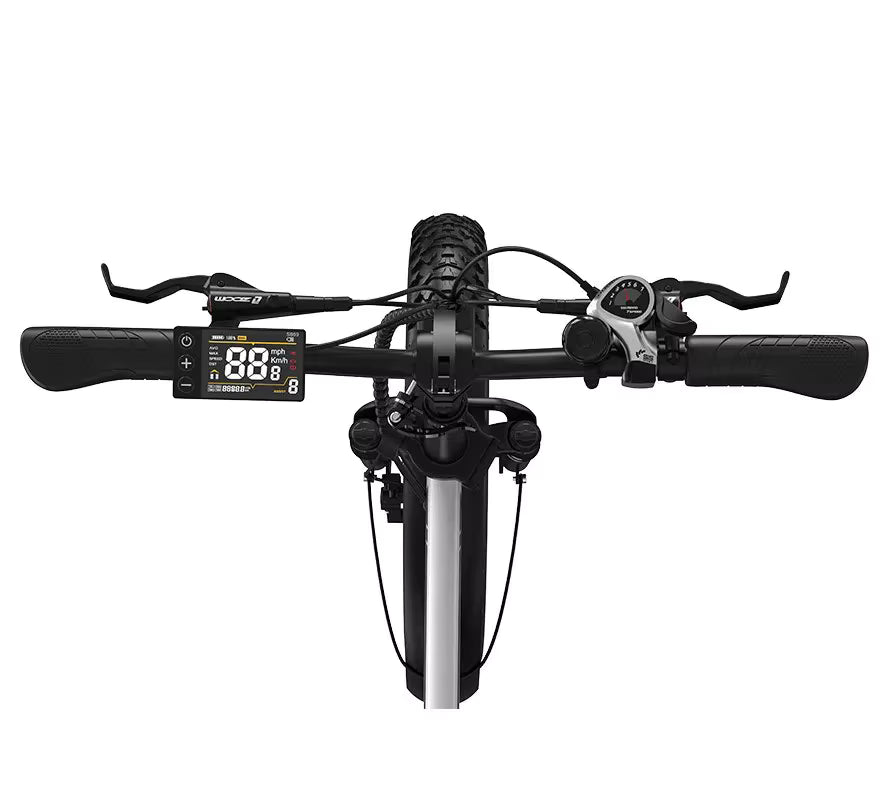 Close-up of a KOOLUX X11S electric bicycle handlebar with digital display on a white background