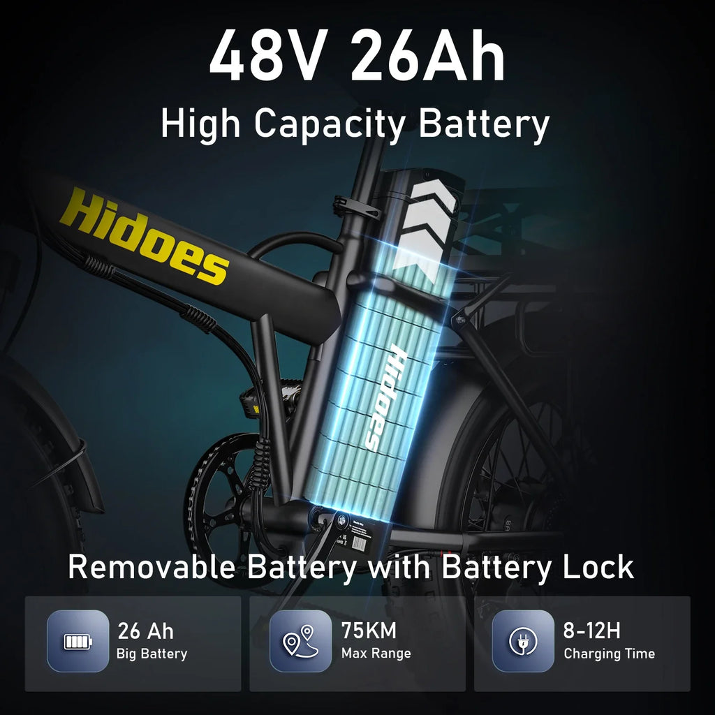 Hidoes HD-F3PRO electric bike with 48V 26Ah high capacity battery on a dark background