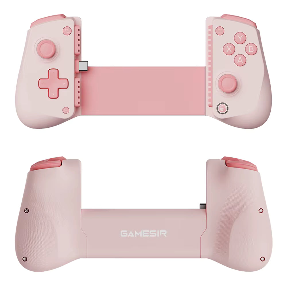 A pink GameSir wireless gaming controller shown from two angles: a top view with the D-pad and face buttons visible, and a bottom view showing the side grips and center logo. The controller has a light pink body with darker pink accents.