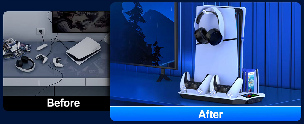 Cluttered desk setup comparison versus organized vertical PS5 workstation setup