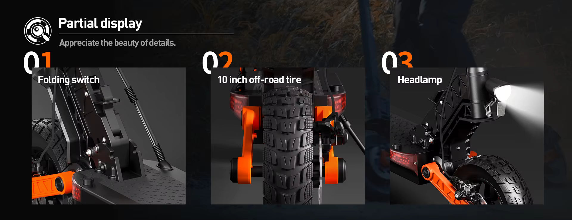 Display of e-scooter features with text labels on a dark background